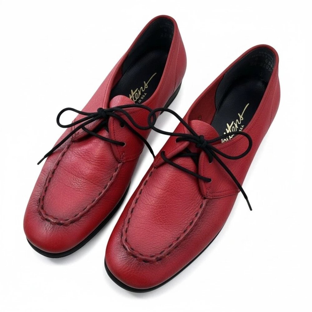 Vintage Red Leather Lace Up Shoes Women 6B | Made in USA | Retro Comfort Flats